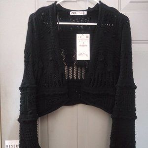 SUPER COOL ZARA KNIT BLACK MACRAME CROPPED CARDIGAN 30$ FOR YOUR MUSIC FESTIVAL!